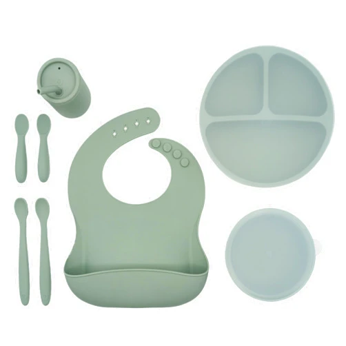 WeeSprout Baby Led Weaning Bundle, Silicone Suction Bowl, Spoons, Bib & Cup, Develops Self Feeding Skills, Dishwasher Safe (Green)