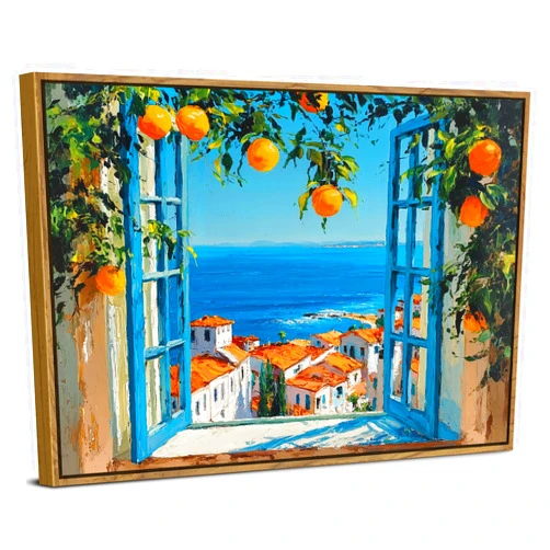 Sunfrower Blue Mediterranean Wall Decor Coastal Beach Wall Art Vintage Framed Abstract Seascape Picture for Living Room Italian Nautical Poster Amalfi Village Landscape Painting Artwork Bedroom Decoration 12x16