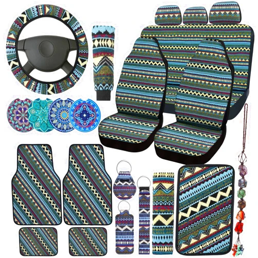 Frienda 26 Pcs Boho Car Seat Covers Full Set Stripe Steering Wheel Cover Seat Boho Car Accessories Car Coasters Hippie Belt Cover Armrest Cover Crystal Hanging Ornament Car Holders Fits for Car