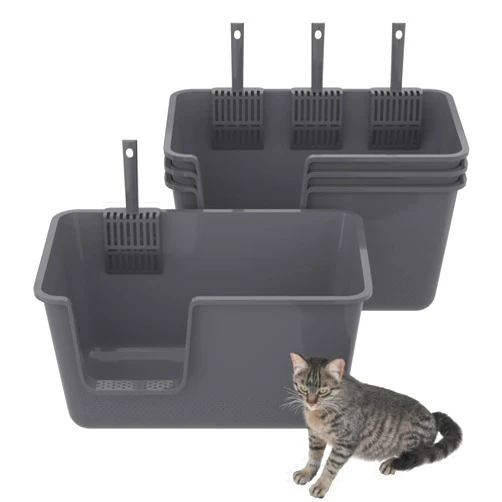 Yesdate Open Cat Litter Box, Large Standard Litter Box, Kitten Litter Potty Pan for Small & Large Cats, Easy to Clean, Low Entry, 4 Units, Grey