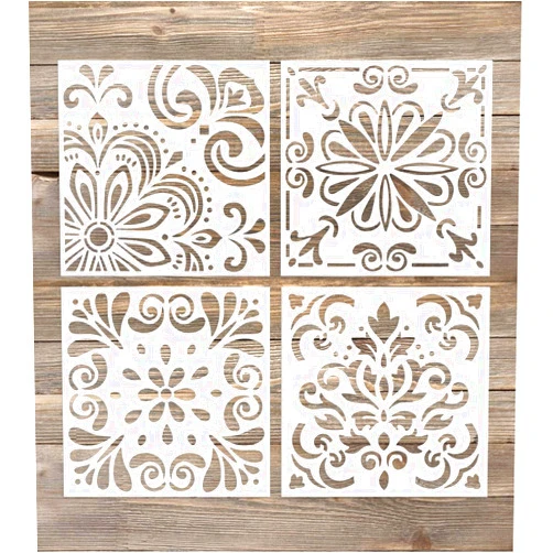 G GSS Designs GSS Designs Pack of 4 Stencils Set (6x6 Inch) Laser Cut Painting Stencil Floor Wall Tile Fabric Wood Stencils -Reusable Template (SL-006)