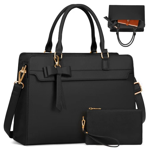 NUBILY Laptop Bag for Women 15.6 inch Leather Laptop Tote Bag Large Computer Bag Waterproof Business Office Work Bag Briefcase with Satchel Purse 2pcs Set, Black