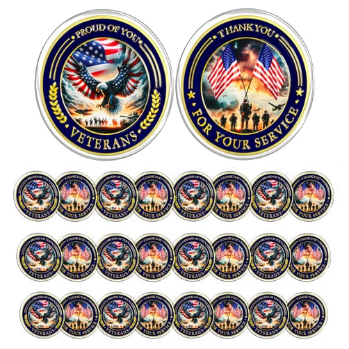 CHURYUML 24Pcs Military Veterans Challenge Coins Set Proud of You Veteran Coin Military Appreciation Gifts for Men Women Army Soldiers Thank You for Your Service Veterans Day Gifts Bulk