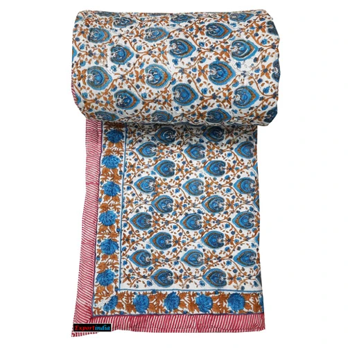 Exportindia New Indian Hand Block Print King Size 100% Cotton Quilt Razai Jaipur Famous Razai Light Weight Cotton Quilt
