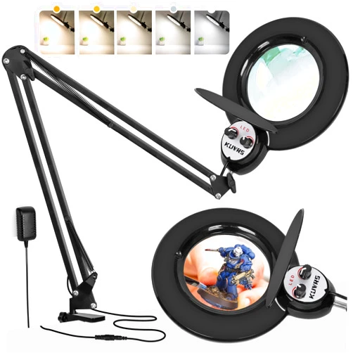 KUVRS 10X Magnifying Glass with Light and Stand, Infinite Color Modes, Long Arm LED Magnifying Lamp with Clamp, 2200 Lumen Rotary Knob Dimmable Hands Free Lighted Magnifier for Hobby Reading Repair