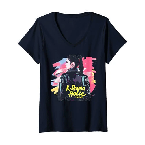 Funny Korean Drama & Music Lover Pop Art Designs Womens K-Drama Holic Korean Girl Vintage Pop Art Aesthetic V-Neck T-Shirt
