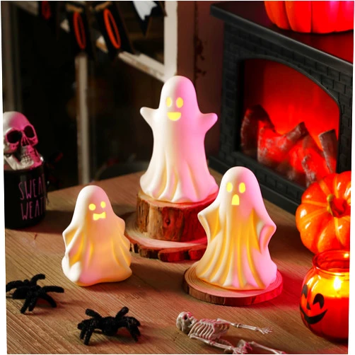 Maracco 3 Pcs Halloween Ceramic Ghost Light Up, Halloween Ghost Decor, Little White Ghost Figurine for Halloween Home Decorations Indoor