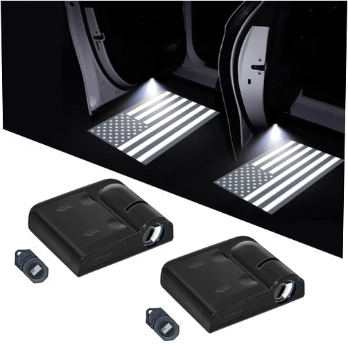 PHETRA 2Pcs Car Door Lights, Wireless Car Door Logo Light, LED Welcome Courtesy Ghost Shadow Projector Lamp, Holeless Magnet Sensor Light Accessories (Black American Flag)