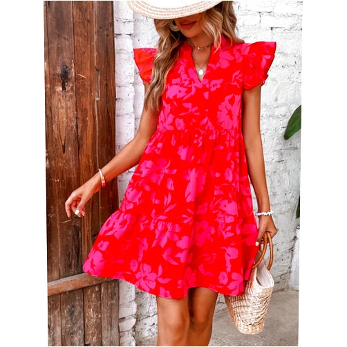 IGSY Dresses for Women Women's Dress Floral Print Butterfly Sleeve Ruffle Hem Smock Dress Dresses (Color : Red, Size : Medium)
