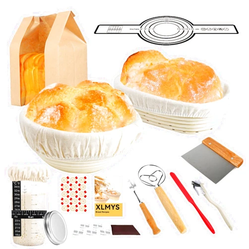 XLMYS Banneton Bread Proofing Basket Set of 2, Sourdough Bread Baking Supplies for Beginners, Complete Sourdough Starter Kit- Sourdough Starter Jar, Bread Sling, Bread Lame, Danish Dough Whisk, Bread Bags
