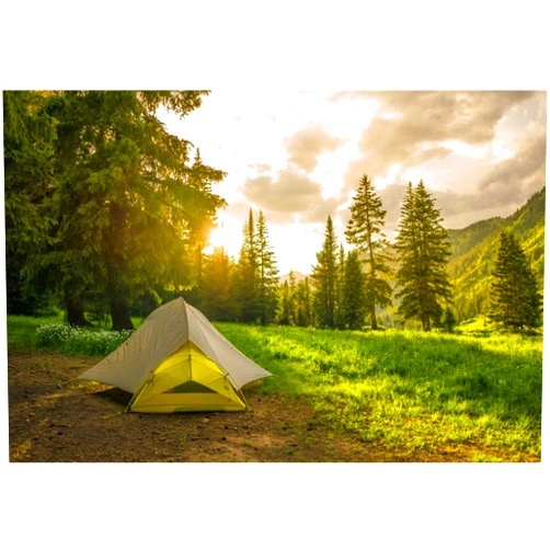 LFEEY 9x6ft Pine Forest Camping Background for Photography Sunrise Outdoor Travel Scout Mountains Landscape Grassland Camp Tents Backdrop Holiday Vacation Photo Shoot Props