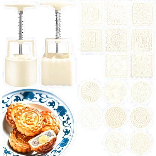 AIKEFOO Chinese Traditional Mid-Autumn Mooncake Mold，Biscuit Stamping Machine，18 pcs 100g/125g Different Round And Square Flower Pattern For 2 Sets.
