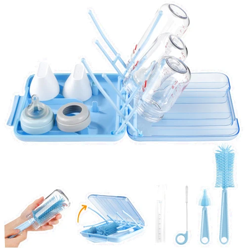 YomauiYee Bottle Brush Set -Baby Travel Essential-6 in 1 Bottle Cleaner Kit with Silicone Bottle Brush,Nipple Cleaner Brush,Straw Brush,Soap Dispenser,Storage Box,Bottle Drying Rack for Home and Travel(Blue)