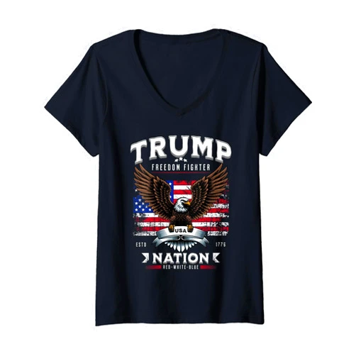 BizzyflyUSA Womens Freedom Fighter Trump Patriotic Eagle USA Flag V-Neck T-Shirt
