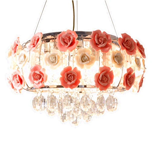 LIAPDG Modern Pink Rose Chandelier, 19.68 x 15.74 Inch Pink Crystal Shaped Chandelier for Bedroom Pendant Lamp Romantic Flower Ceiling Light with Remote Control for Dining Room or Living Room.