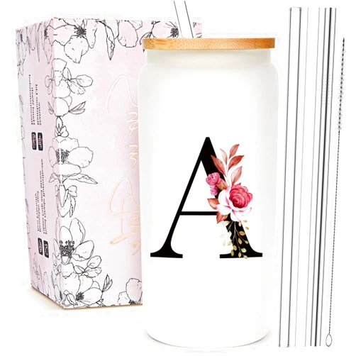 Mozaba Personalized Gifts for Women, Monogrammed Frosted Glass Tumbler with Straw and Lid, Cute Customized Mug, Custom Initial Iced Coffee Glasses, Customizable Drinking Cup, Birthday Teacher Woman, A