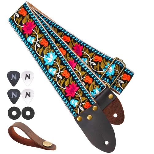 Nefelibata Guitar Strap,Vintage Jacquard Embroidery Cotton Guitar Straps with Crazy Horse Leather Ends for Electric,Acoustic,Come with Free Strap Button,2 Strap Locks and 4 Guitar Picks