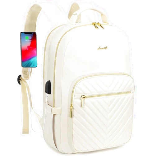 LOVEVOOK Laptop Backpack Purse for Women, Work Travel Computer Bags, College School Backpack for Student Girl, Quilted Casual Daypack with USB Port, Fit 15.6 Inch Laptop, Beige White