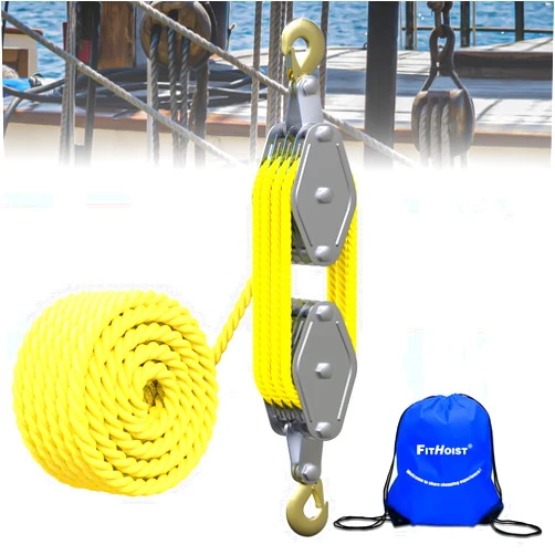 FITHOIST Block and Tackle 4400 LB Breaking Strength Heavy Duty Pulley, 65 Ft 3/8