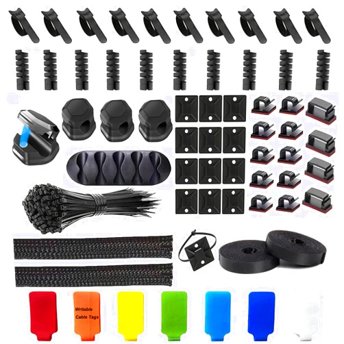 TeegRoow 165 PCS Cable Management Organizer Kit, 2 Wire Sleeve 34 Self Adhesive Cord Clips Holder 10+2 Roll Cable Straps 100 Zip Ties 7 Cable Tag 10 Cable Protector for Home/TV/Computer/Office/Under Desk/Car