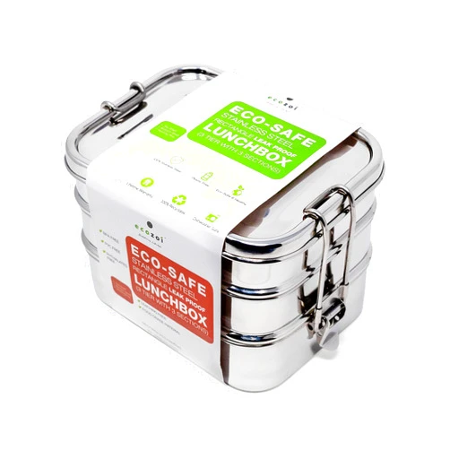 Ecozoi Stainless Steel Lunch Box, Leak Proof, 3 Tier Rectangle with Bonus Pod & 3 Sections | Bonus Silicone Band to Convert to 3 Section Lunch Box for Portability