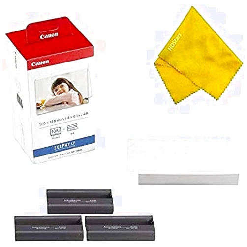 Canon KP-108IN 3 Color Ink Cassette and 108 Sheets 4 x 6 Paper Glossy for SELPHY CP1300, CP1200, CP910, CP900, CP760, CP770, CP780 CP800. Bonus: Quality Photo Microfiber Cloth