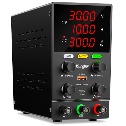 Kungber DC Power Supply Variable, 30V 10A Adjustable Switching Regulated DC Bench Power Supply with Intelligent Charging Mode, 18W USB Interface, Precision Encoder Knob (Black)