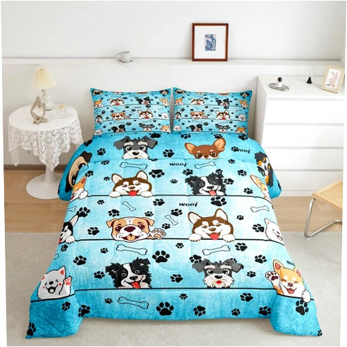 Manfei Cute Dog Comforter Set for Kids Room Decor Cartoon Puppy Pet Animals Bedding Comforter Twin Size Black Paw Print Blue Soft Polyester Quilt Set with 1 Pillowcase