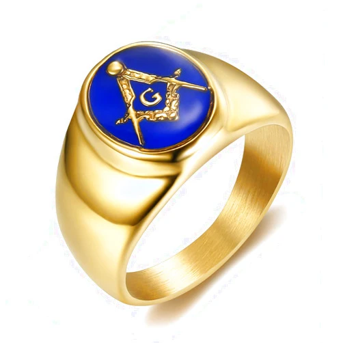 INRENG Stainless Steel Gold Plated Freemason Masonic Rings for Men Women Blue G Lodge Master Mason Signet Band