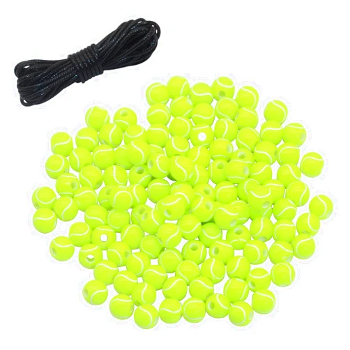 SIQYUWM 120 Pieces Tennis Ball Beads Acrylic Sports Beads with Big Hole and 4.37 Yards Waxed Cord for Bracelets Necklaces Earrings Hair Ties Keychains Craft Making