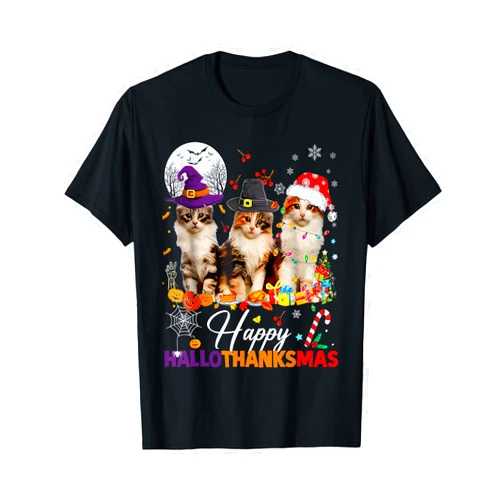 Funny Happy Hallo Thanks Mas Inflation Outfits Happy Hallothanksmas Cute Cats Halloween Thanksgiving Xmas T-Shirt