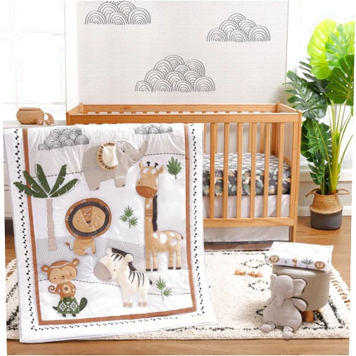 The Peanutshell 4 Piece Organic Cotton Baby Crib Bedding Set for Boys & Girls - Newborn, Infant & Toddler Nursery Bed Set Decor with Two Crib Sheets, Dust Ruffle, Crib Comforter - Safari Serenity