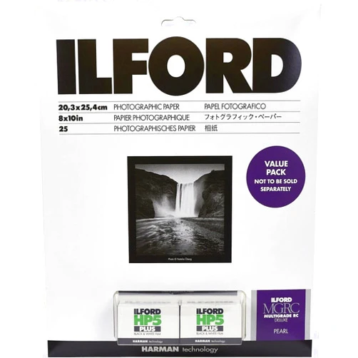 Ilford Multigrade V RC Deluxe Glossy Surface Black & White Photo Paper and 2x HP5 Plus 35mm Film Roll Value Pack, 190gsm, 8x10