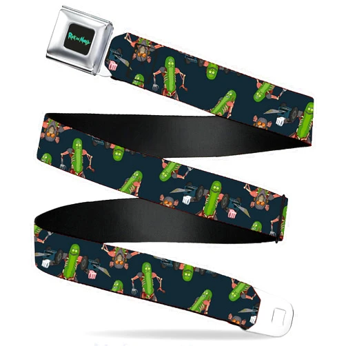 Buckle-Down Rick and Morty Belt, Seatbelt Buckle Belt, Rick and Morty Pickle Rick Rat Suit Poses Scattered Black, Adjustable