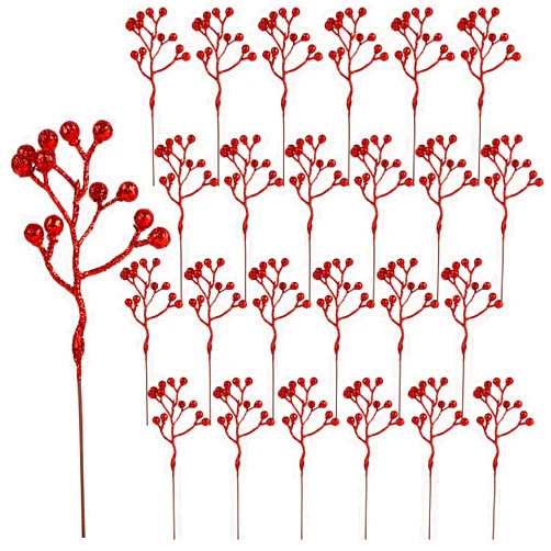 CCINEE 24 Pack Christmas Artificial Red Berry Stems,6.9 Inch Xmas Red Glitter Berry Picks Holly Branches for Christmas Tree Ornaments Xmas Wreath DIY Crafts Home Holiday Decor