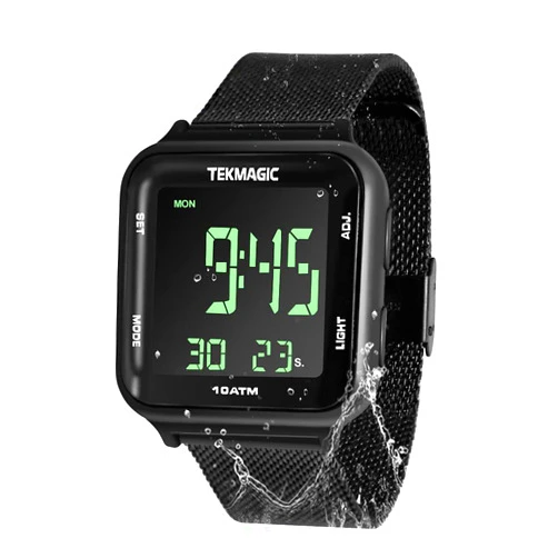 TEKMAGIC 10 ATM Waterproof Submersible Digital Watch with Stainless Steel Watch Strap, Support Stopwatch, Alarm Clock and Backlight Functions, Dual Time Display, 12/24 Hour Format