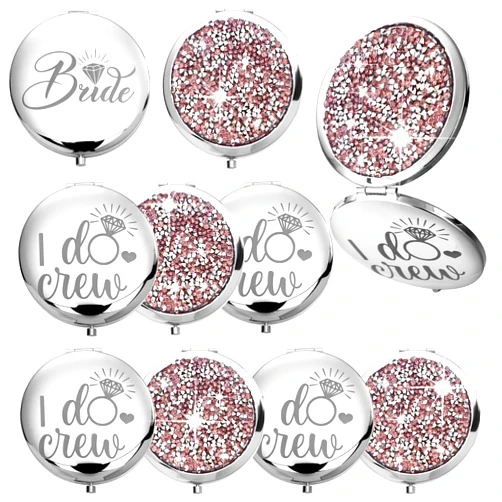 Barydat 10 Pieces Bridesmaid Gifts Set Magnifying Compact Mirror Bride I Do Crew Bridesmaid Proposal Gifts Travel Small Mirror for Purse Makeup Pocket Present for Women Wedding Party (Pink)