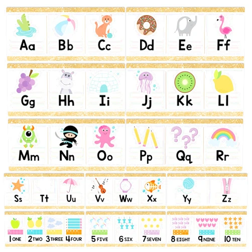 Hadley Designs Alphabet for Classroom Wall - ABC Letters and Numbers Posters for Preschool and Kindergarten - Alphabet Line for Classroom Decor and Homeschool - Gold Theme
