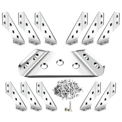 SGUESIKR 12 Pack Universal Furniture Corner Connectors 2MM Thickness | Screws-Included Heavy-Duty Stainless Steel Corner Brackets | Ultra-Sturdy Shelf Support | Triangle Fasten Braces for Woodwork