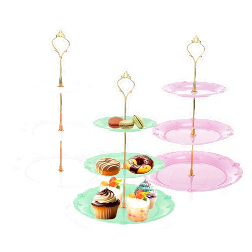 Nexboraque 3 Pack 3 Tier Plastic Cupcake Stand, Dessert Cup Cake Holder Tower Reusable Tiered Serving Tray with Metal Rod Pastry Platter for Wedding, Birthday, Tea Party - White Green Pink