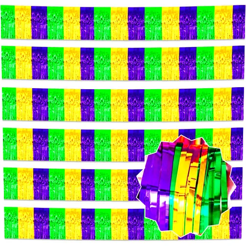 LANTIANCHEN 6 Pack 10 Ft Gold Green Purple Foil Fringe Garland Metallic Streamers Tinsel Banner Wall Hanging Garland Backdrop for Parade Floats, Halloween, Christmas, Thanksgiving, New Year Party Decorations