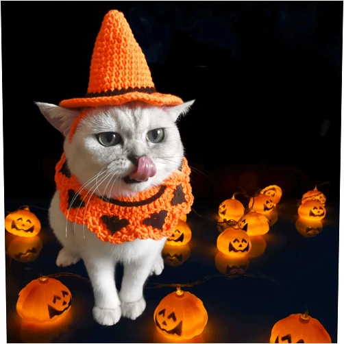 Jatmira 2Pcs Cute Cat Collar Breakaway Halloween Funny Cats Bowtie Collars Knitted for Indoor Cats and Small Dogs Puppies Pet Hat (Yellow, L (13-18lbs))