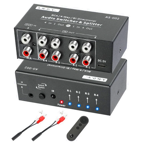 ATNEDCVH RCA 4-Way Bi-Directional Audio Switcher Splitter, 1 in 4 Out / 4 in 1 Out Stereo L/R Sound Channel Audio Switch Selector Splitter Box with Remote Control for Speakers Headphones Amps (Black)