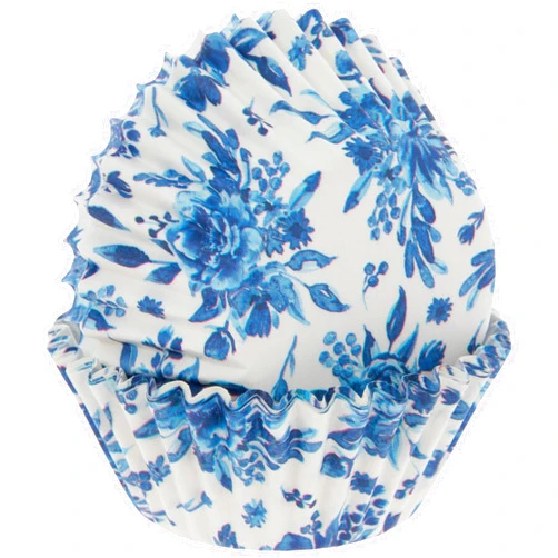 Show-Offs White and Blue Floral Print Decorative Baking Cups - Patterned Paper Liners for Cupcakes, Muffins (Standard Sized) - 50 Count