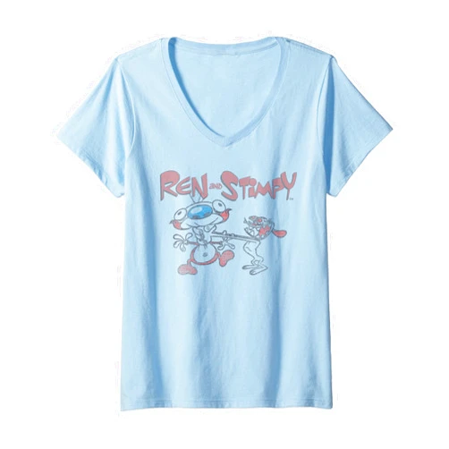 Nickelodeon Womens Ren And Stimpy Distressed Design V-Neck T-Shirt