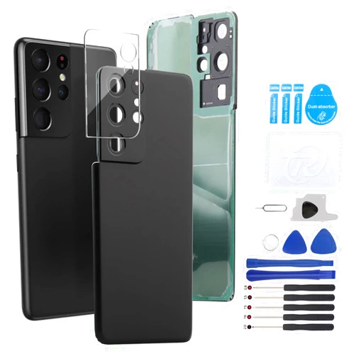YWLRONG for Samsung Galaxy S21 Ultra 5G Back Glass Replacement Rear Glass Battery Cover Housing Door for Samsung S21 Ultra 5G SM-G998U SM-G998U1 with Pre-Installed Camera Frame(Black)