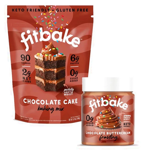 FitBake Chocolate Cake Baking Mix and Chocolate Frosting Bundle | 0g to 2g Net Carbs Per Serving | Keto Friendly Low Carb Food | Naturally Sweetened Keto Snacks | Gluten Free Desserts | No Added Sugar
