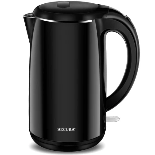 Secura Original Stainless Steel Double Wall Electric Water Kettle 1.8 Quart with Auto Shut-Off & Boil-Dry Protection, Black Onyx SWK-1701DA/HB-3227B
