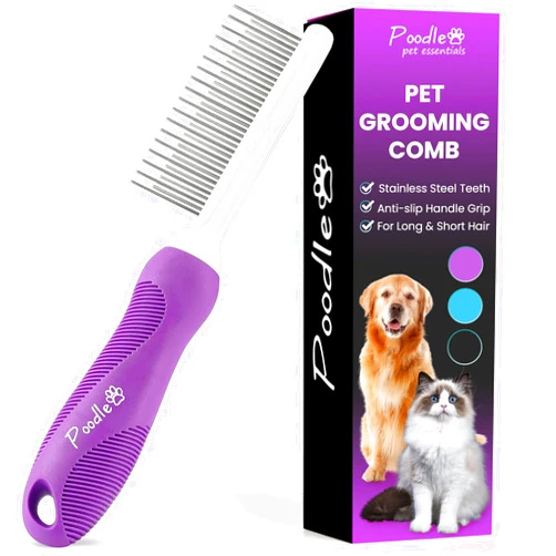POODLIE Poodle Pet Detangling Pet Comb with Long & Short Stainless Steel Teeth for Removing Matted Fur, Knots & Tangles – Detangler Tool Accessories for Safe & Gentle DIY Dog & Cat Grooming