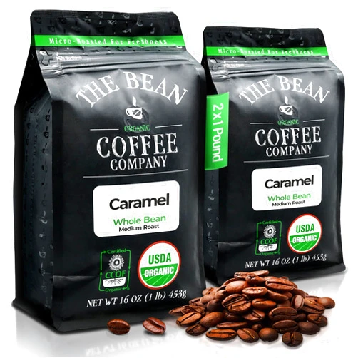 The Bean Coffee Company The Bean Organic Coffee Company Caramel, Medium Roast, Whole Bean Coffee, 16-Ounce Bags (Pack of 2)